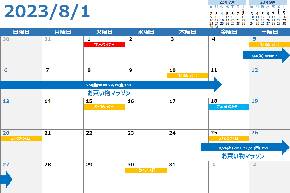 楽天市場 イベントカレンダー 8月 2023年
